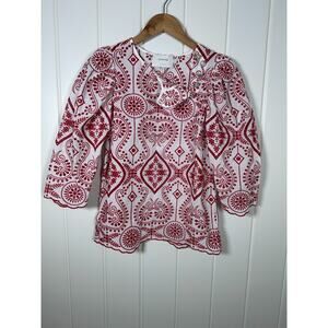 Munthe Top Size 36 Red & White 3/4 Sleeve Cotton Nifty Blouse Embroidered Danish